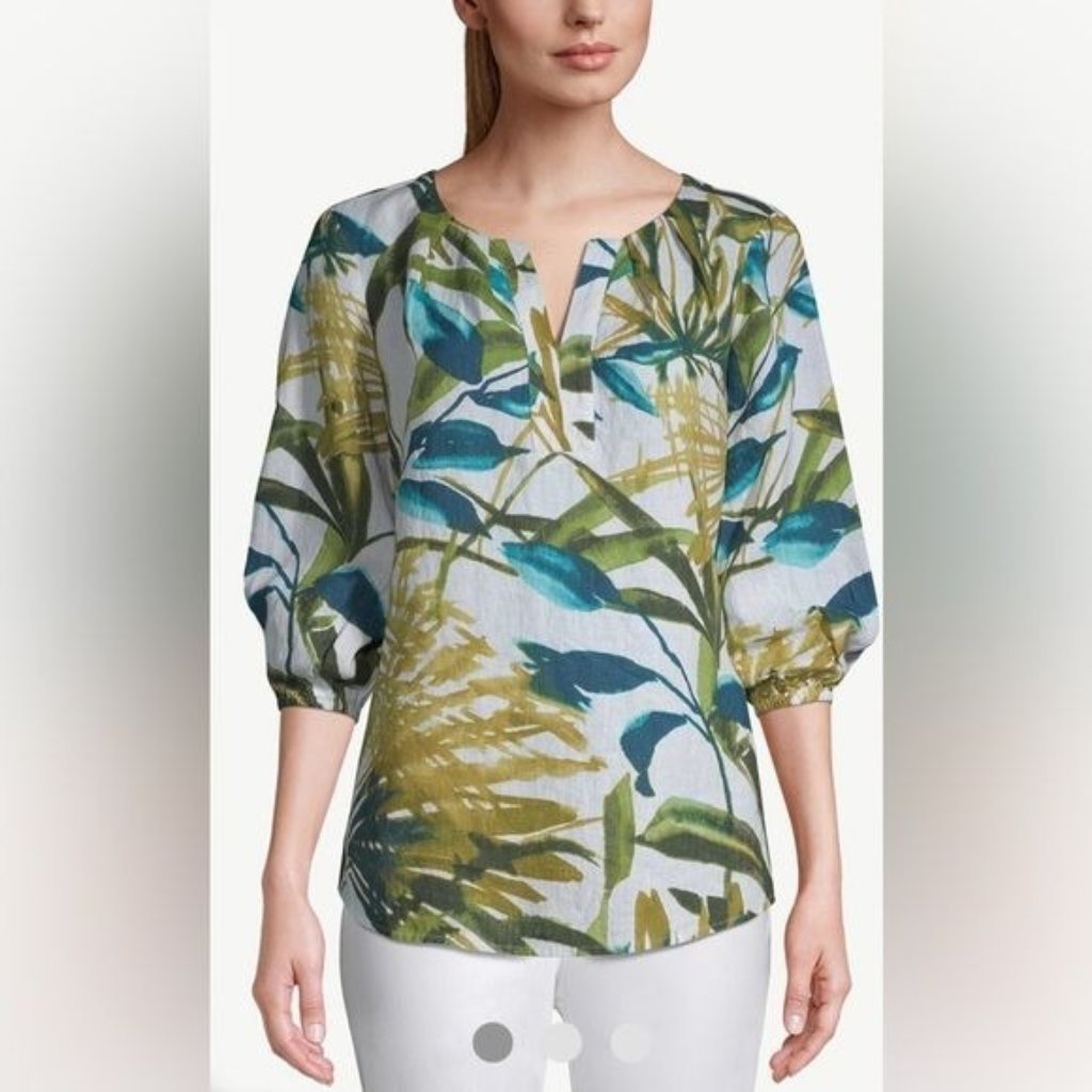 Chicos Tropical Palm Print 100% Linen Womens 8/10 Green Blue Resort Sustainable